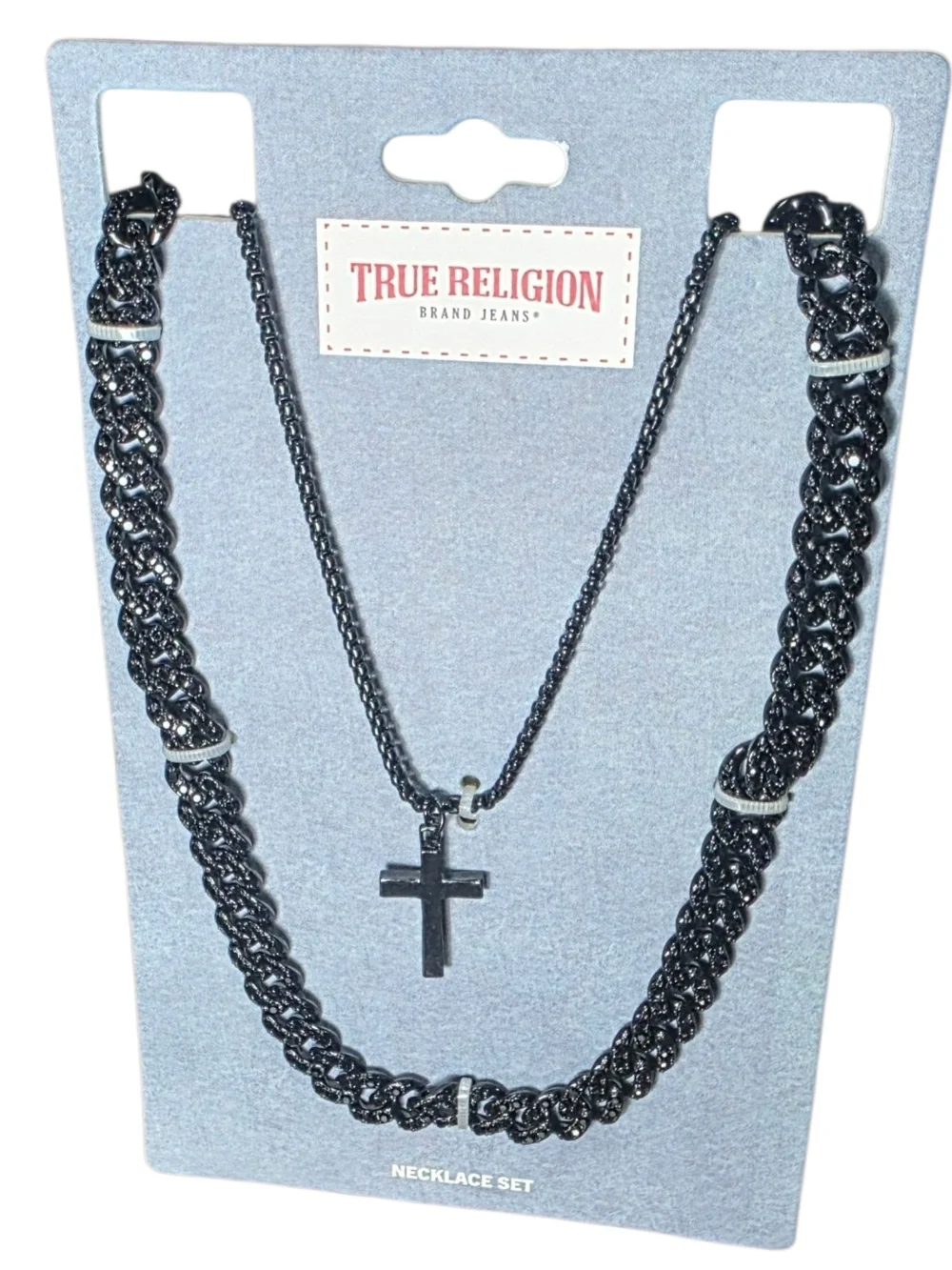 True Religion Black Cuban Link CZ Cross Pendant Necklace Set NWT New